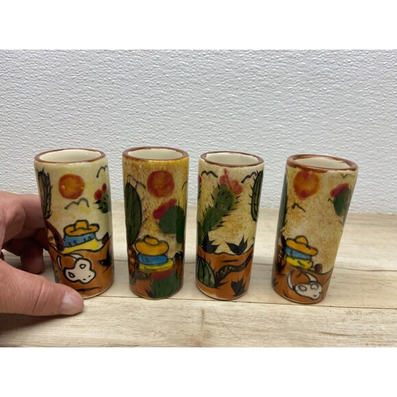 Mexican Folk Art Terracotta Pottery Tumblers Hand Painted Set Of 4 - Picture 5 of 7